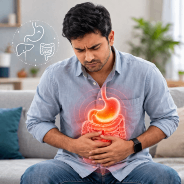 Indian man experiencing stomach pain with digestive system illustration showing acidity and bloating