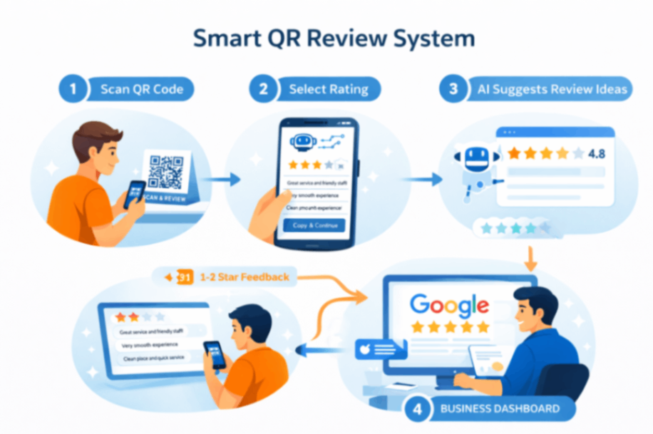 Smart QR review system workflow showing QR scan, rating selection, AI review suggestions, Google review posting, and negative feedback sent to business dashboard