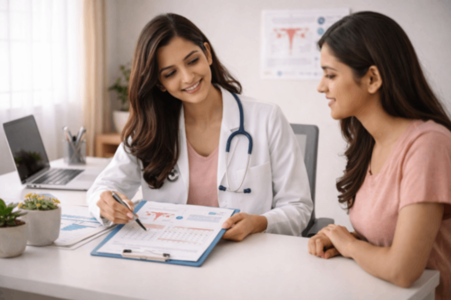 Young woman experiencing period pain while sitting on bed at home