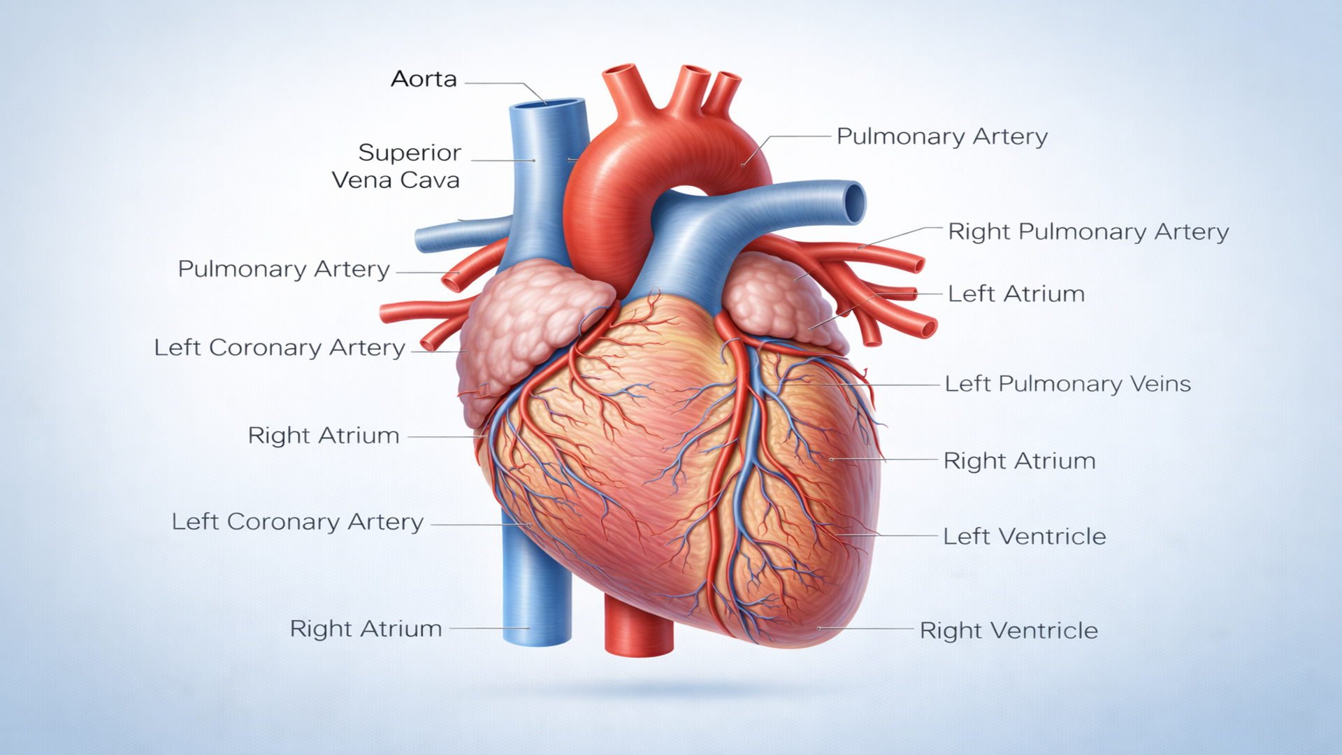 Detailed medical illustration of a human heart showing arteries, veins, aorta, coronary arteries, pulmonary arteries, and labeled anatomical structures in frontal view.