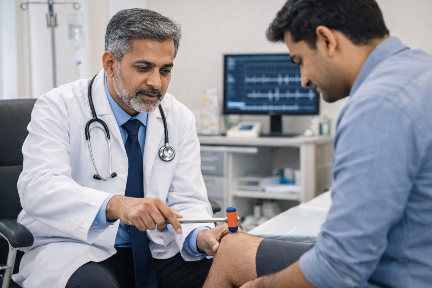 Neurologist examining patient for nerve disorder in Gorakhpur using reflex hammer