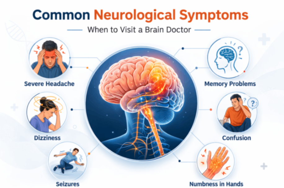 Common neurological symptoms that require visiting a brain doctor such as headache dizziness seizures and memory loss